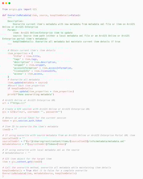 A screenshot of a Python code snippet as an example of code that can overwrite metadata while preserving item details.