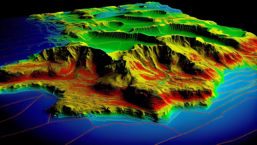 3D image of rocky terrain in green, yellow, and red
