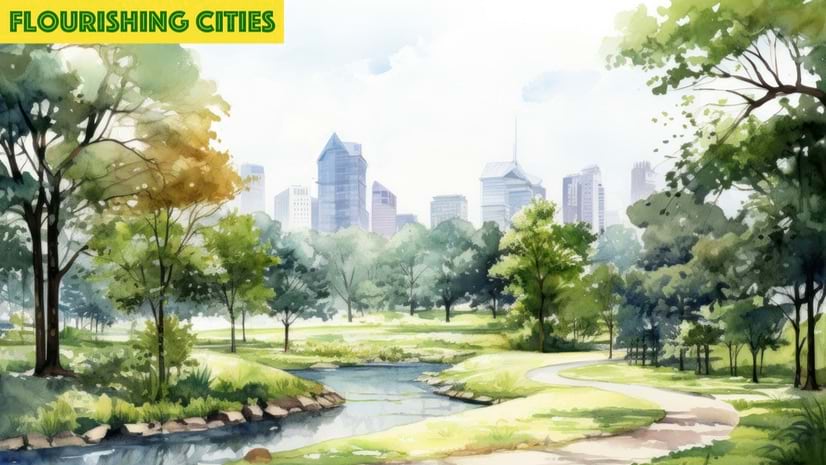 An illustration of trees and a creek with large buildings in the background
