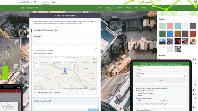 An aerial view of a building site with inset images of color choices and blank online forms