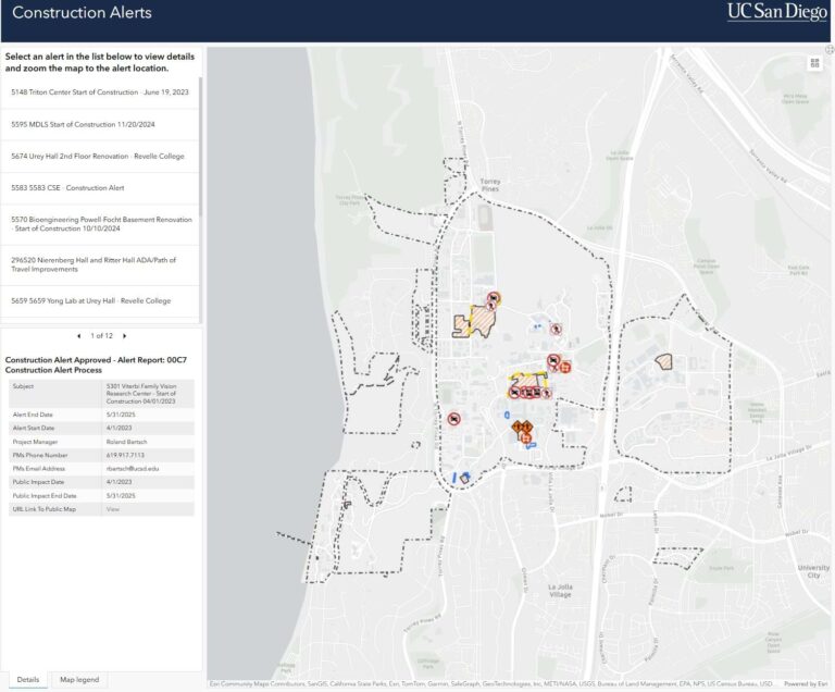 A light gray map with buildings and symbols showing construction alerts