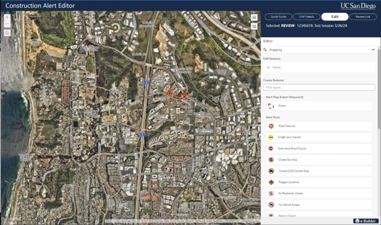 An aerial view showing buildings, roads, and campus building names