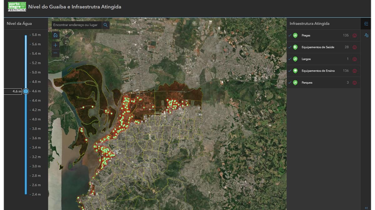 Map interface displaying flood water levels with color-coded depth scale from 2.4m to 5.8m. Brown shaded areas show flooded zones with red and green markers indicating affected infrastructure including hospitals, schools, and emergency facilities.