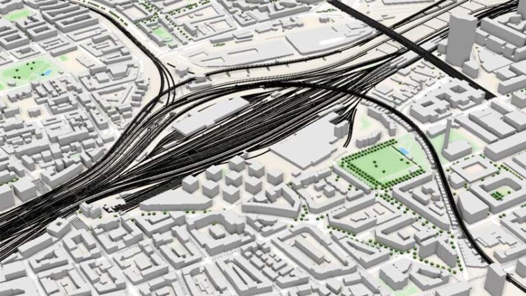 Three-dimensional representation of a freeway interchange.