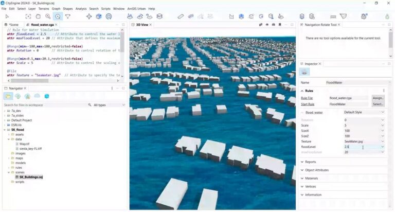 A screenshot of ArcGIS CityEngine displaying code on the lefthand panel and a visualization of floodwater over a 3D model.