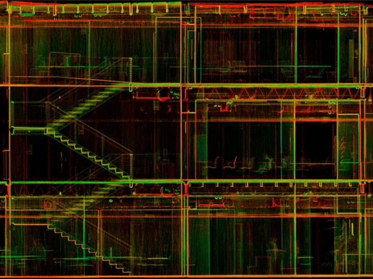 Red and green scans of three floors of a building superimposed on top of each other so that all three floors can be seen. The outlines of chairs and a stairway are visible.