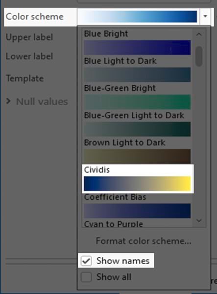 Screenshot of the Cividis color ramp in ArcGIS Pro under Color scheme. The Show names box is checked.
