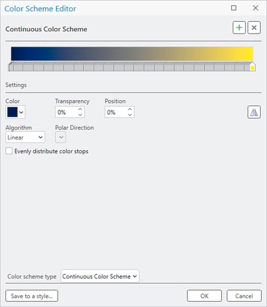 Screenshot of the ArcGIS Pro color scheme editor that displays a blue to yellow gradient. Settings are also displayed, such as color, transparency, and position.