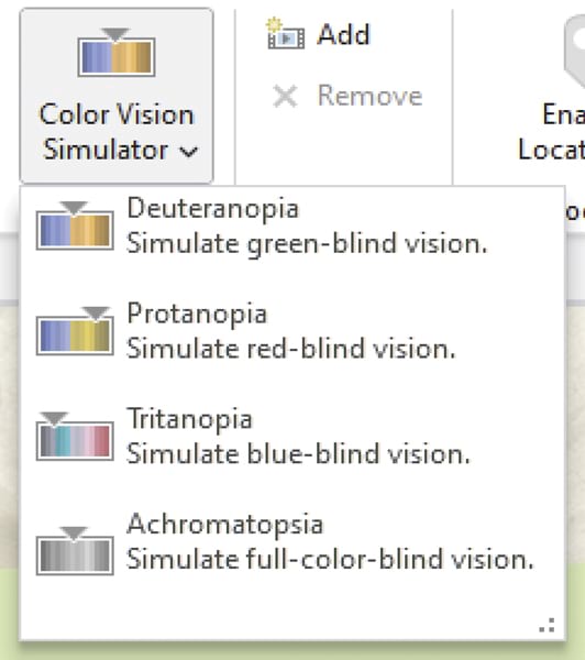 ArcGIS Pro screenshot of the Color Vision Simulator. A drop-down menu indicates that the tool will simulate deuteranopia, protanopia, tritanopia, and achromatopsia.