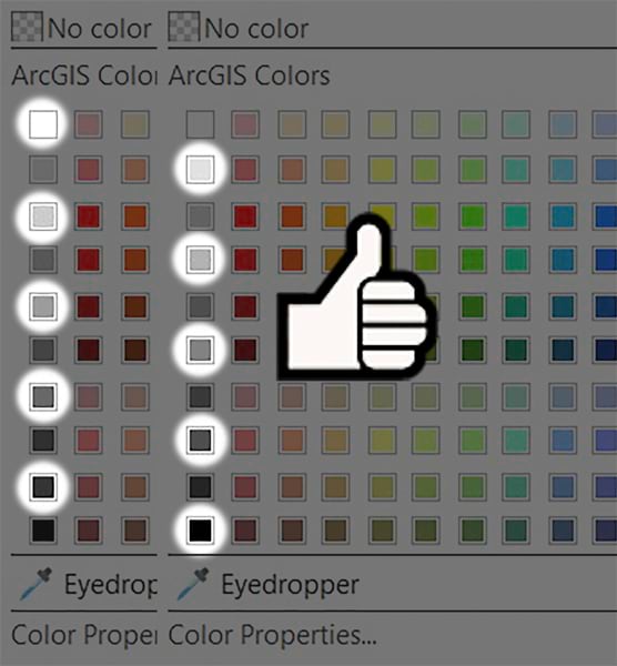 A version of the ArcGIS Pro color swatch selector that is grayed out except for a few colors. Nearby colors that are visually distinct are displayed beside a thumbs-up graphic. The graphic demonstrates how to pick grays that are visually distinct for someone with color vision deficiency.