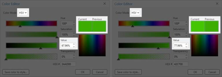 Two side by side screenshots of the ArcGIS Pro color editor that are grayed out except for the color mode, the value, and the current/previous color comparison. The comparison on the left contains two green colors that are visually difficult to distinguish. On the right, the value has been increased, and the colors in the comparison are easier to distinguish.
