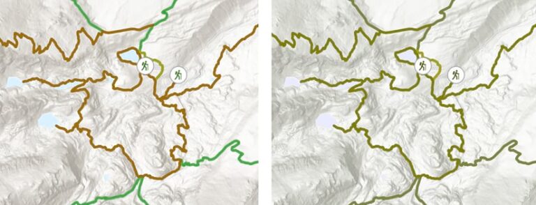 Two side by side screenshots of a hiking trail map. On the left, separate trails are indicated with distinct colors. On the right, these colors are changed to those that simulate how the lefthand map would be seen by someone with deuteranopia. The colors are visually difficult to distinguish.