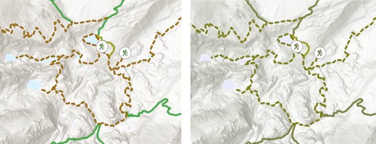 The same two hiking trail maps as the previous graphic now distinguish some of the trails with dashed lines. On the right, these colors are changed to those that simulate how the lefthand map would be seen by someone with deuteranopia. The colors are visually difficult to distinguish, but the dashed lines make it easier to distinguish some of the trails.