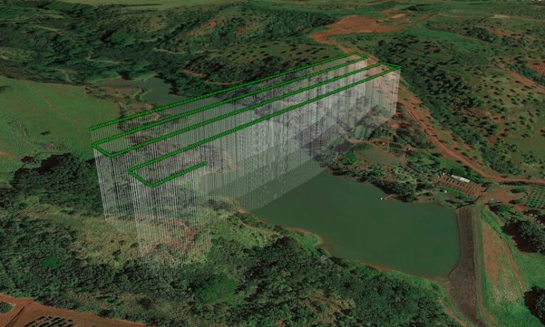 3D aerial view of a body of water surrounded by vegetation. A line of green dots is superimposed over the image to symbolize the flight path of a drone. White lines connect these dots to the ground to indicate altitude.