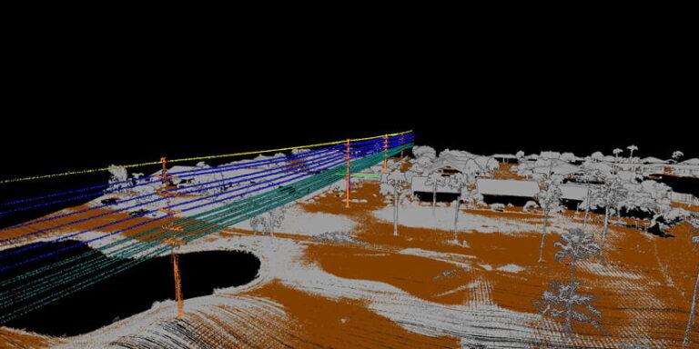 Lidar imagery of houses, palm trees, and power lines. The power lines are highlighted with various colors.