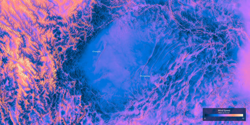 A purple-tinted map displays wind speed patterns near Chongqing, China.