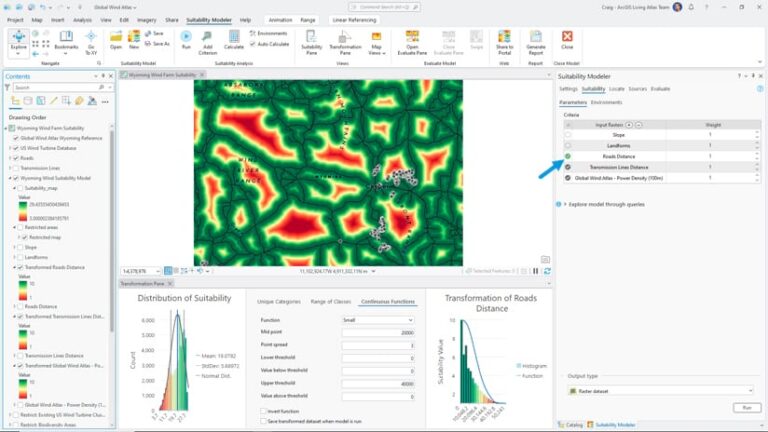ArcGIS Pro screenshot displaying a red- and green-tinted map of Wyoming. The righthand pane is open to the suitability modeler. The Contents pane on the lefthand side indicates the map is highlighting roads across the site.