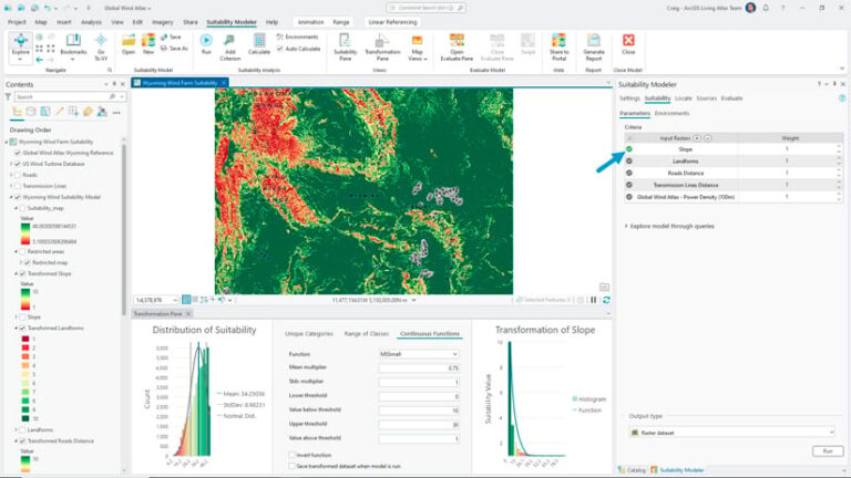 ArcGIS Pro screenshot displaying a red- and green-tinted map of Wyoming. The righthand pane is open to the suitability modeler. The Contents pane on the lefthand side indicates the map is highlighting the transformation of land slope.