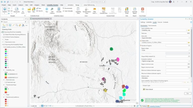 ArcGIS Pro screenshot displaying a map of Wyoming with individual colored figures indicating suitable locations for windfarms.