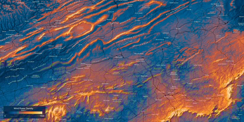 An orange- and blue-tinted map displays wind power density patterns in western Virginia, USA.