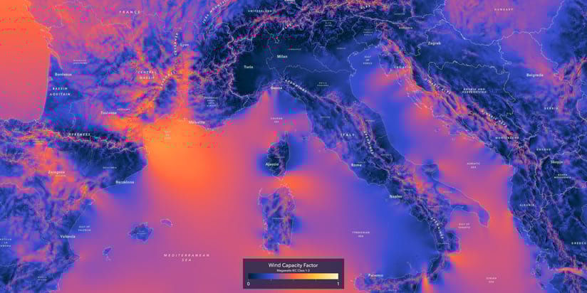 An orange- and purple-tinted map displays wind capacity patterns in southwestern Europe and the northern Mediterranean Sea.