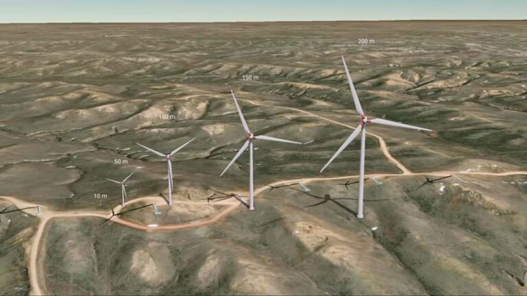 Three-dimensional visual comparison of five different wind turbine heights, with the largest at 200 meters dwarfing the smallest at ten meters.