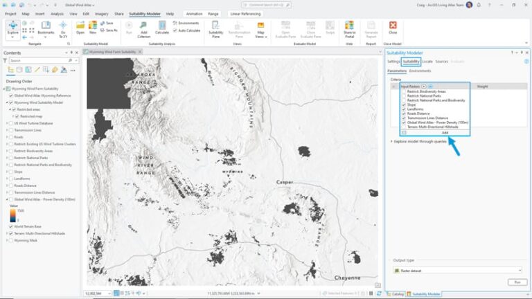 ArcGIS Pro screenshot displaying a map of Wyoming. The righthand pane is open to the suitability modeler. Blue boxes highlight criteria listed under Input Rasters.