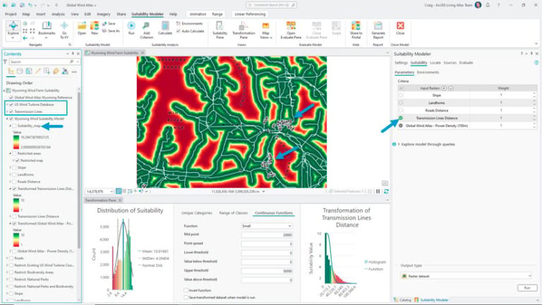 ArcGIS Pro screenshot displaying a red- and green-tinted map of Wyoming. The righthand pane is open to the suitability modeler. The Contents pane on the lefthand side shows the map is highlighting transmission lines across the site.