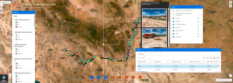 Screenshot of the Maps to Megawatts solution displaying satellite imagery across the border between Arizona and New Mexico. The length of the SunZia transmission line is represented by colored dots that indicate the stage of construction at each location.