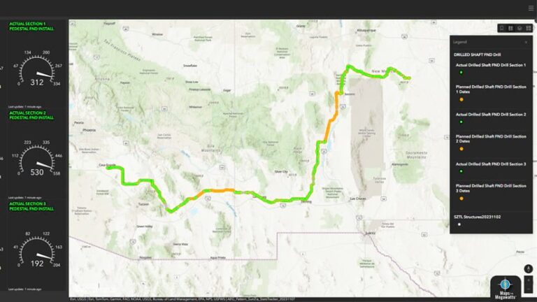 Screenshot of a dashboard displaying SunZia’s transmission lines represented on a map. The line is alternately colored green and orange, indicating the stage of construction at each site.
