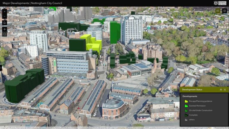 Screenshot of an ArcGIS scene displaying a 3D model of Nottingham. Proposed building projects are highlighted in varying shades of green, depending on whether the project is planned, under construction, or complete.