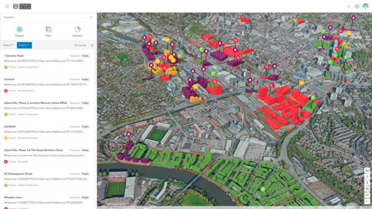 ArcGIS Urban screenshot displaying a 3D model of Nottingham from a distance. Various project phases are highlighted in red, purple, or green, depending on the stage of completion.