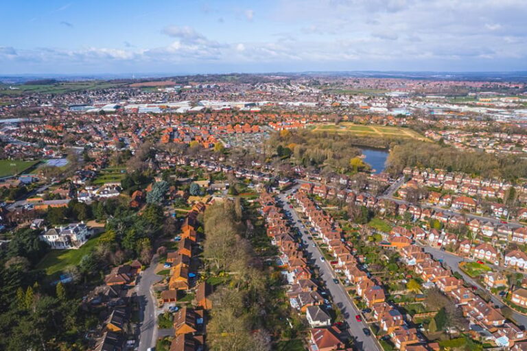 Aerial view of Nottingham’s Wollaton district. The area is a mixture of suburban neighborhoods and green spaces.