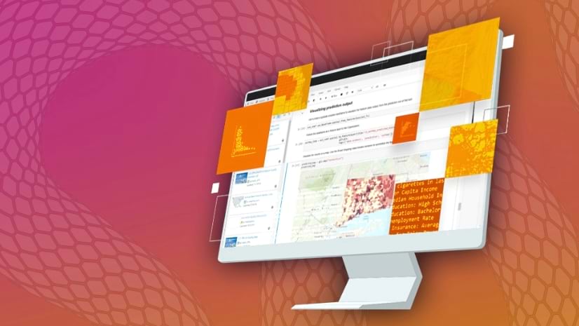 An illustration of a computer monitor displaying a map and floating orange squares