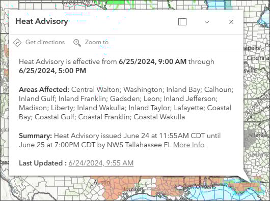 A white popup box with a series of text and the words heat advisory at the top