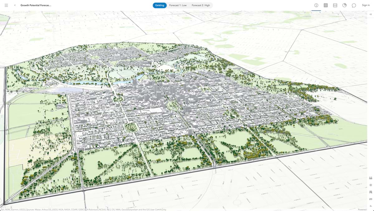 view of Adelaide city center showing existing urban development surrounded by extensive green parklands, with interface controls visible at top showing "Existing" scenario selected and options for "Forecast 1: Low" and "Forecast 2: High" growth scenarios