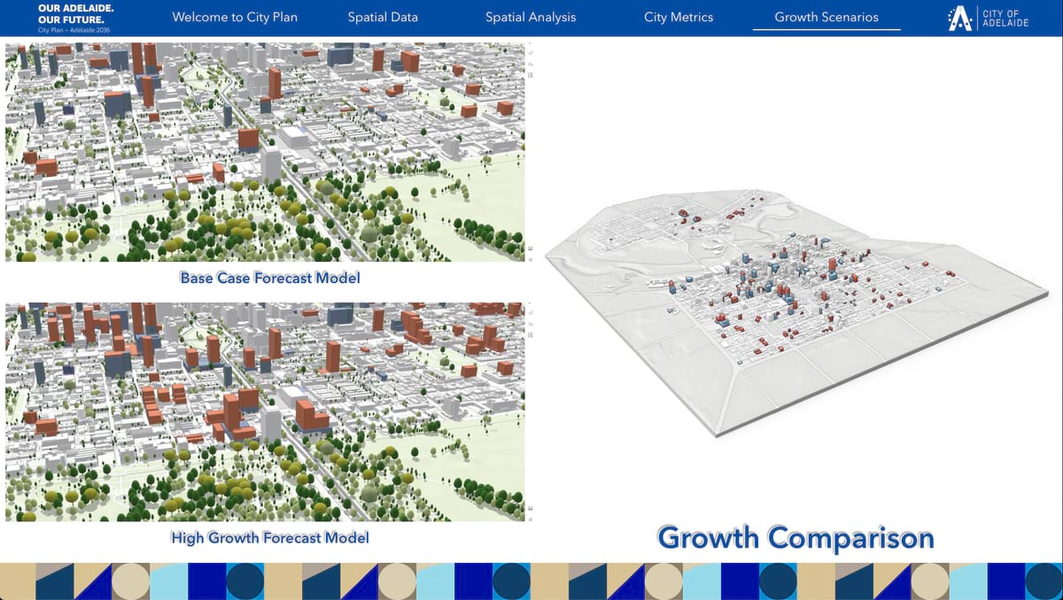 Screenshot showing two 3D city models comparing Adelaide's growth scenarios - Base Case Forecast Model (top) showing moderate development, and High Growth Forecast Model (bottom) showing increased building density, with a Growth Comparison chart on the right displaying statistical differences