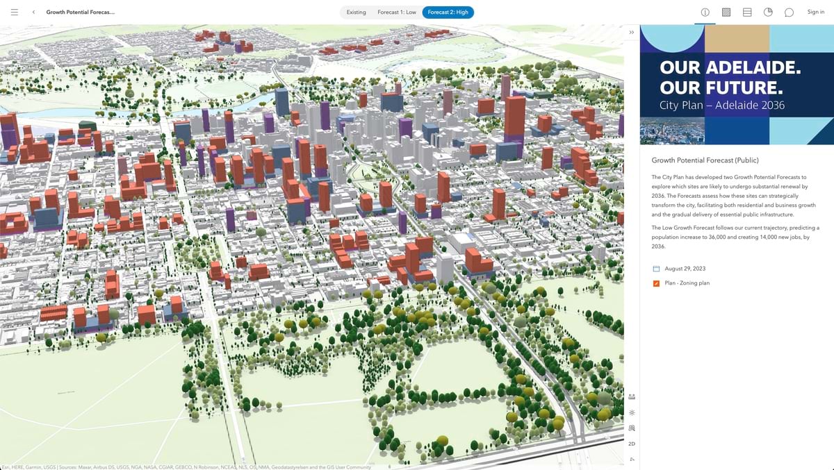3D visualization of Adelaide's high growth scenario displaying substantially more development than the low growth option, with numerous red and orange building blocks representing high-rise development concentrated throughout the city center, while green parklands remain preserved