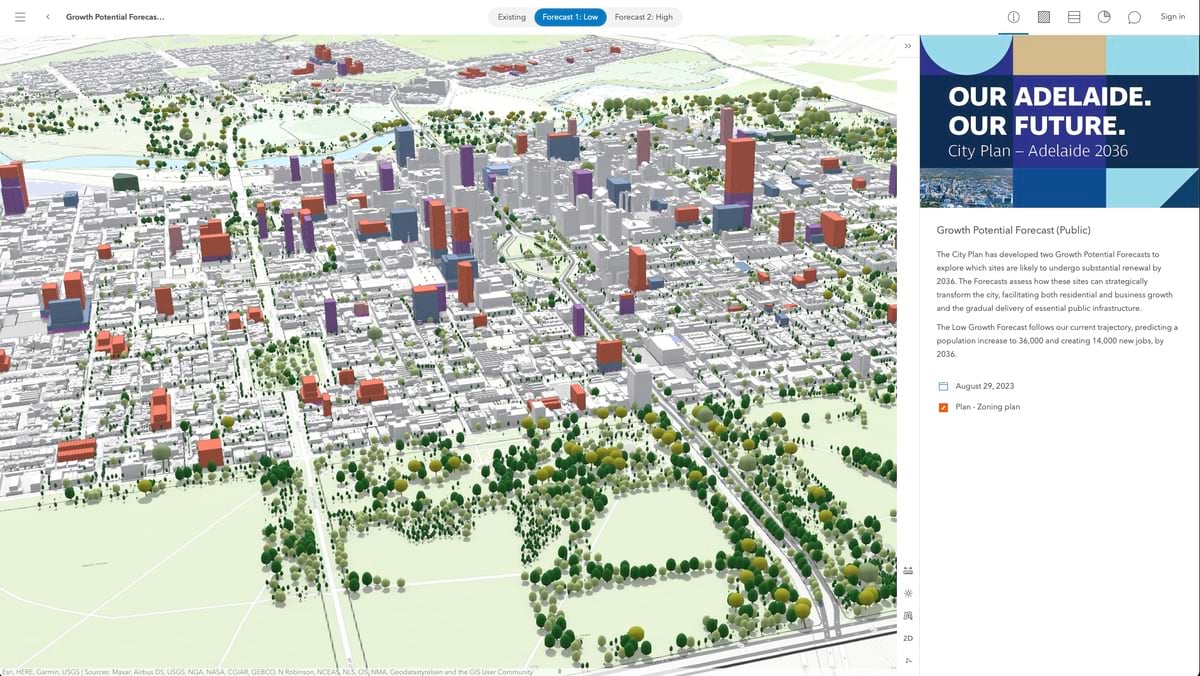 3D visualization of Adelaide's low growth scenario showing the city center with moderate new development represented by colored building blocks (red, purple, orange) distributed across the urban area, with extensive green parklands preserved around the perimeter