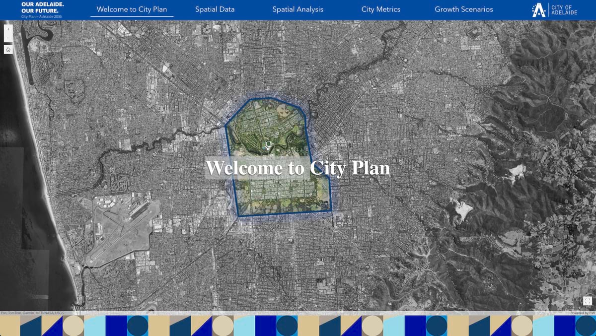 Screenshot of Adelaide City Plan 2036 web interface showing aerial satellite map with the city center highlighted in blue outline, surrounded by parklands, with navigation menu showing Spatial Data, Spatial Analysis, City Metrics, and Growth Scenarios options
