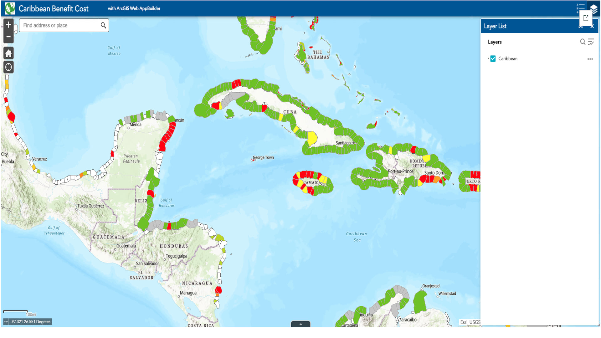Interactive map of the Caribbean showing coastal protection status with color-coded segments around islands and coastlines - green indicating well-protected healthy areas, red showing zones needing more protection, and yellow/white representing intermediate or unassessed areas across countries including Cuba, Jamaica, Dominican Republic, and Central American coastlines.