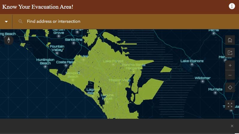 Screenshot of Orange County evacuation zone map interface titled "Know Your Evacuation Area!" showing green-highlighted zones across Orange County with cities like Huntington Beach, Costa Mesa, and Lake Forest visible, plus a search bar to find addresses and instructions panel.