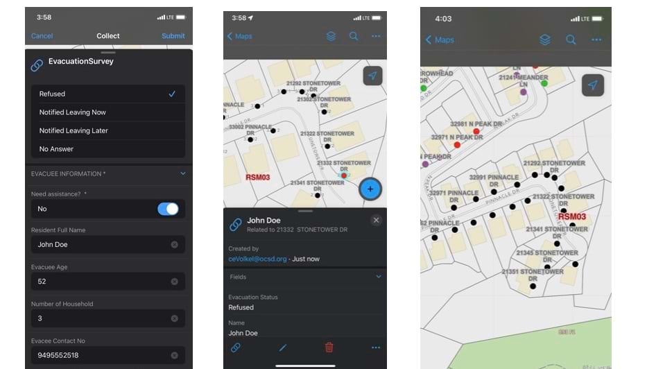Three smartphone screens showing Orange County Sheriff's evacuation app: left screen displays survey form with evacuation status options like "Refused" and "No Answer," center and right screens show interactive maps with colored dots marking houses and evacuation zones labeled RSM03.
