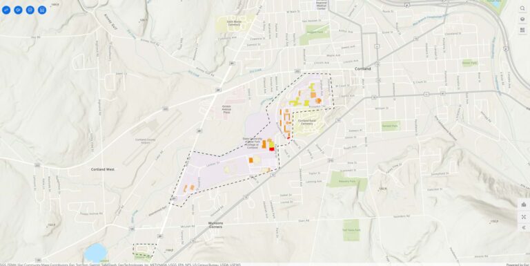 A beige map of a college campus with an area highlighted in light purple and black dashes