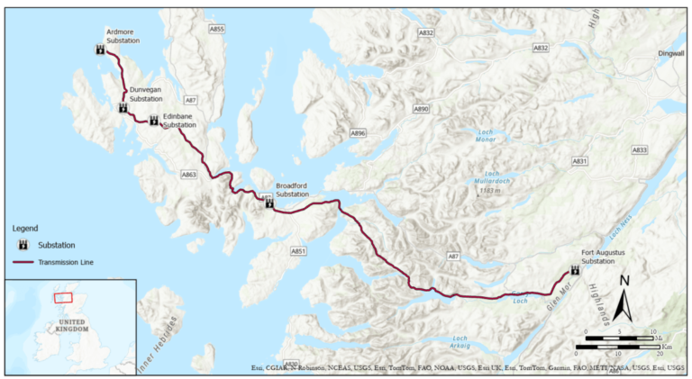 A map of Scotland showing a new utility route highlighted