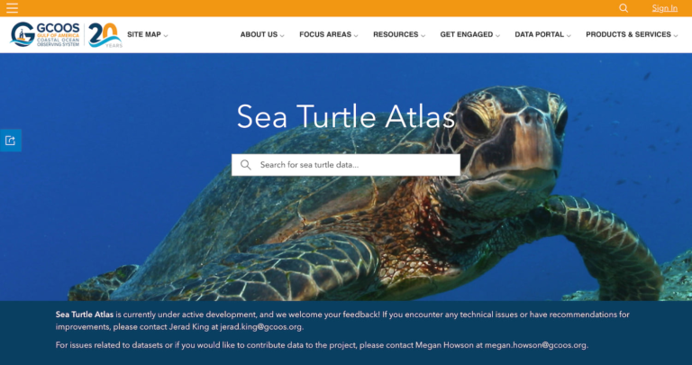 A sea turtle in the ocean with the words sea turtle atlas in white letters