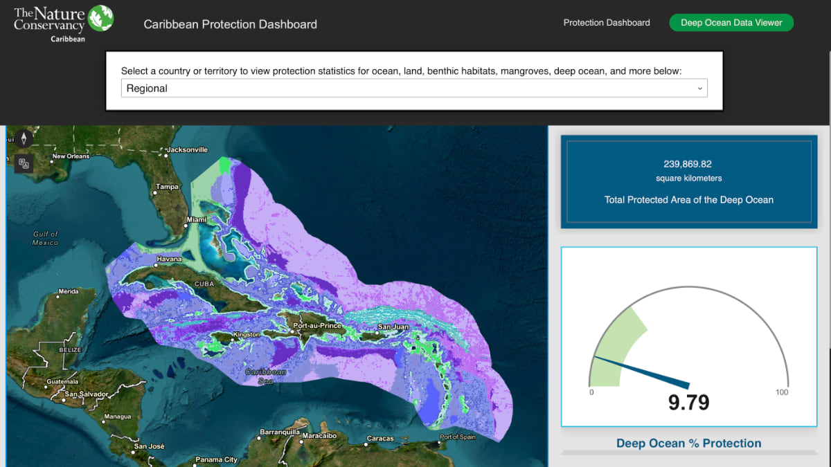 Screenshot of The Nature Conservancy's Caribbean Protection Dashboard showing a map of the Caribbean region with purple and blue shaded areas indicating protected zones, alongside statistics displaying 239,869.82 square kilometers of total protected deep ocean area and a gauge showing 9.79% deep ocean protection coverage.