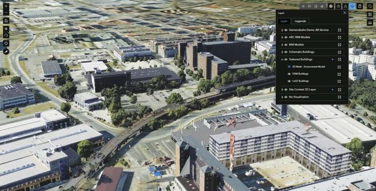 A 3D, aerial-view map of the Seimensbahn light-rail link, showing buildings, trees, and roads. A Layer menu shows options for displaying different types of buildings and environment models.