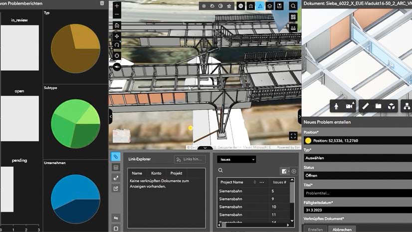 A screenshot of ArcGIS GeoBIM, showing 3D models of the Siemensbahn project, along with charts and issue tracking.