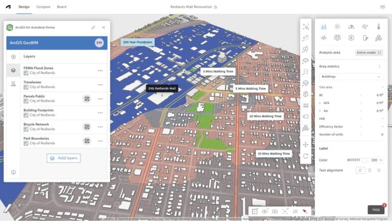 A screenshot of ArcGIS for Autodesk Forma, depicting a map of Redlands, California, with layers showing flood zones, travel areas, parcels, buildings, and walking times. Analysis tools are visible on the right. The title reads, "Redlands Mall Renovation."